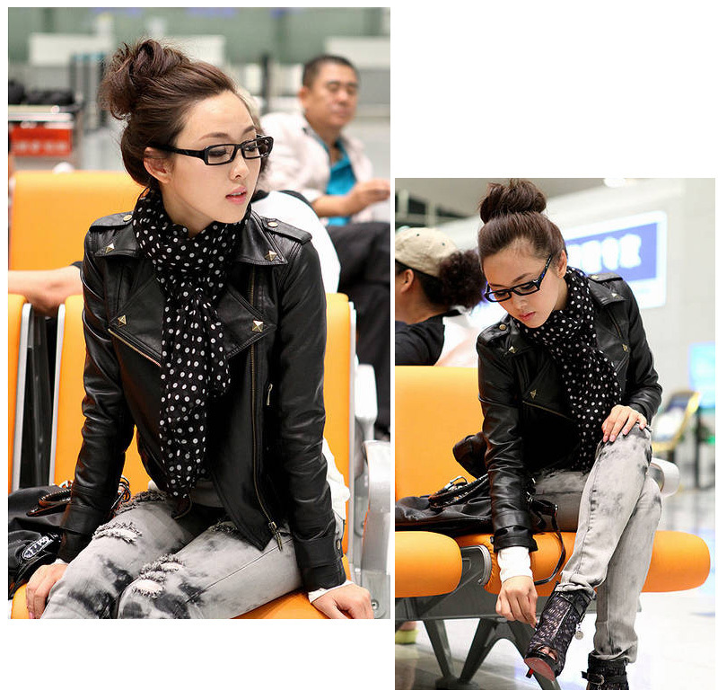 Autumn Women Rivets Lapel Slim Leather Jacket M L