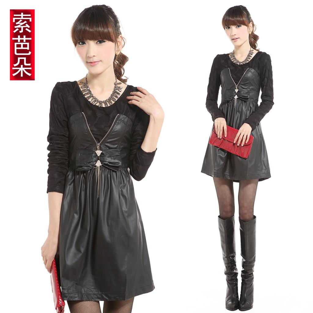 Autumn women's 2012 autumn new arrival leather clothing lace patchwork PU skirt long-sleeve autumn and winter one-piece dress