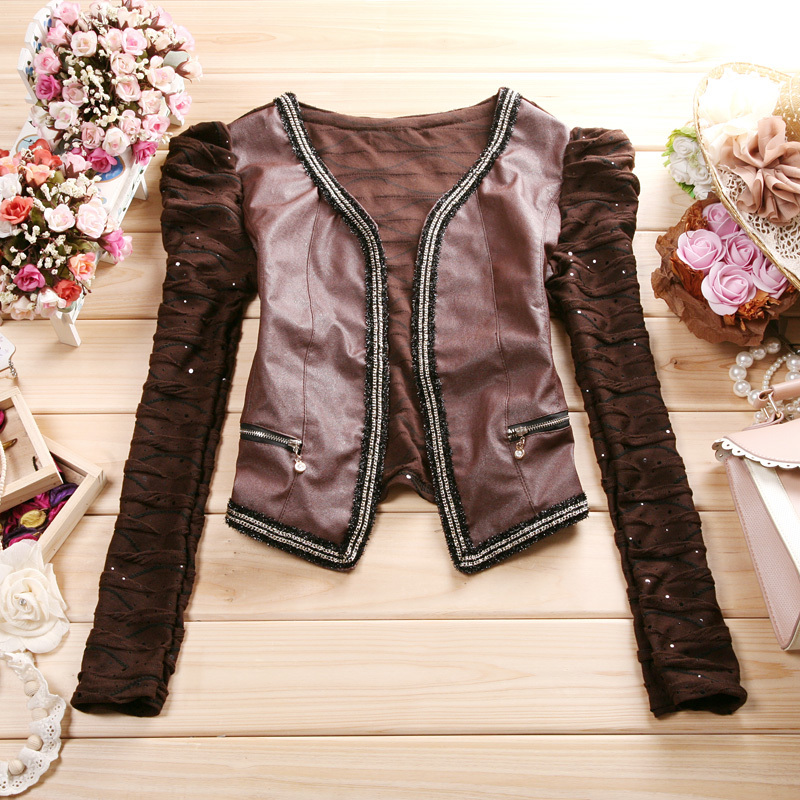 Autumn women's all-match long-sleeve cardigan paillette pure colorant match faux leather short design coat