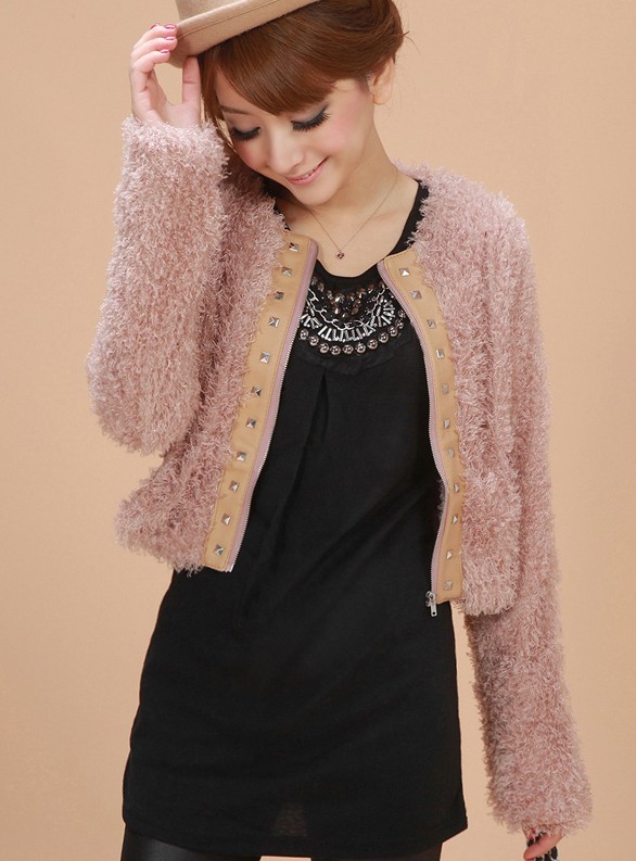 Autumn women's all-match short jacket plush rivet slim short design coat