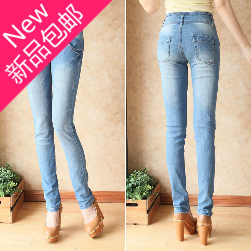 Autumn women's cat scratches water wash wearing white skinny pants pencil pants high waist jeans trousers , Free Shipping