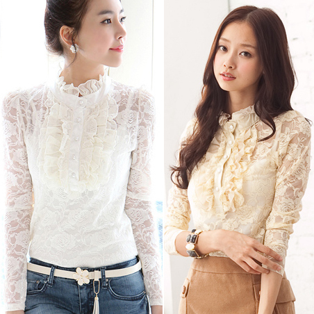 Autumn women's clothes ruffle hem top stand collar shirt twinset long-sleeve slim lace shirt