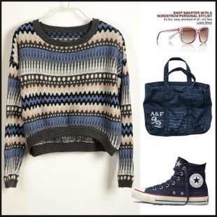 autumn women's fashion  stripe vintage   pullover short design sweater