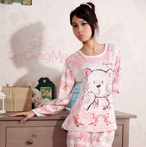 Autumn women's long-sleeve 100% cotton cartoon bear lovely sleepwear pullover sexy lounge set