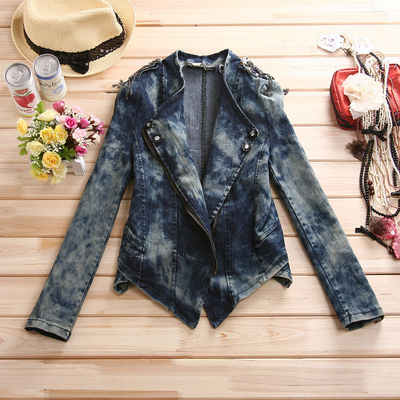 Autumn women's motorcycle zipper long-sleeve short design elastic slim denim coat denim short jacket top