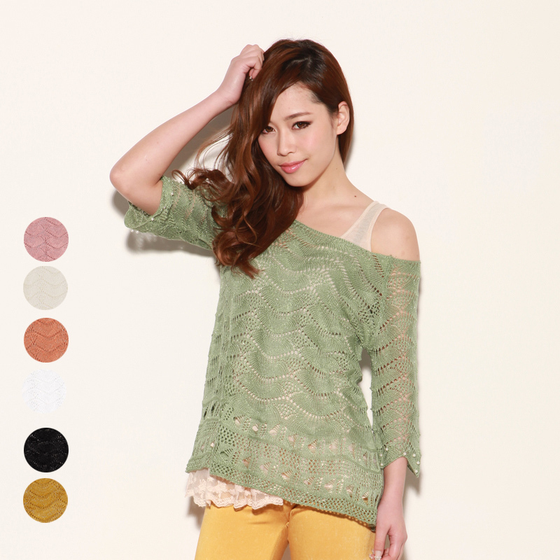 Autumn women's new arrival crochet cutout gold beading sweater ruffle half sleeve thin pullover shirt