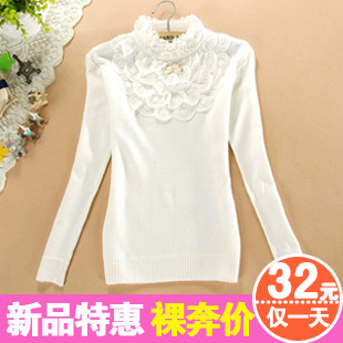 Autumn women's pullover sweater turtleneck gentlewomen lace bow short design basic shirt