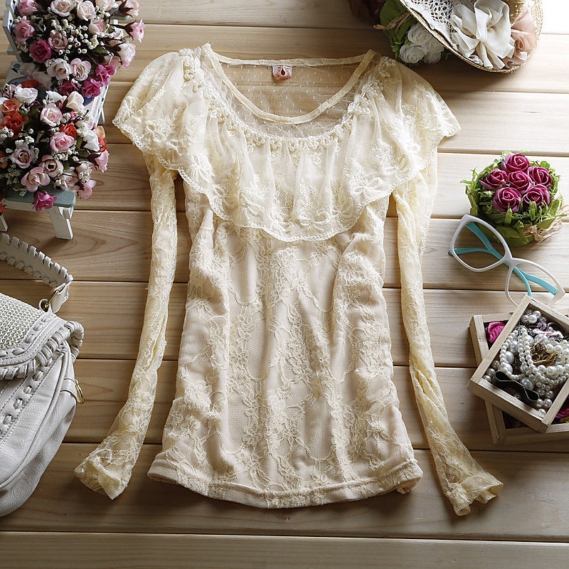 Autumn women's royal pearl large lotus leaf lace collar o-neck solid color long-sleeve transparent lace shirt top