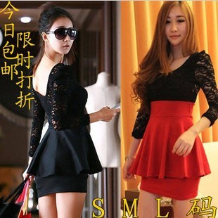 Autumn women's sexy lace long-sleeve slim plus size slim hip one-piece dress