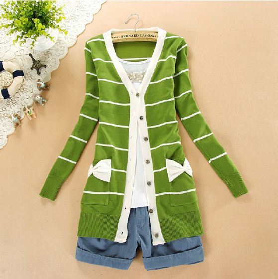 Autumn women's stripe V-neck pocket bow single breasted sweater