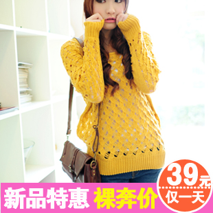 Autumn women's sweater handmade knitting pullover o-neck long-sleeve cutout loose sweater outerwear