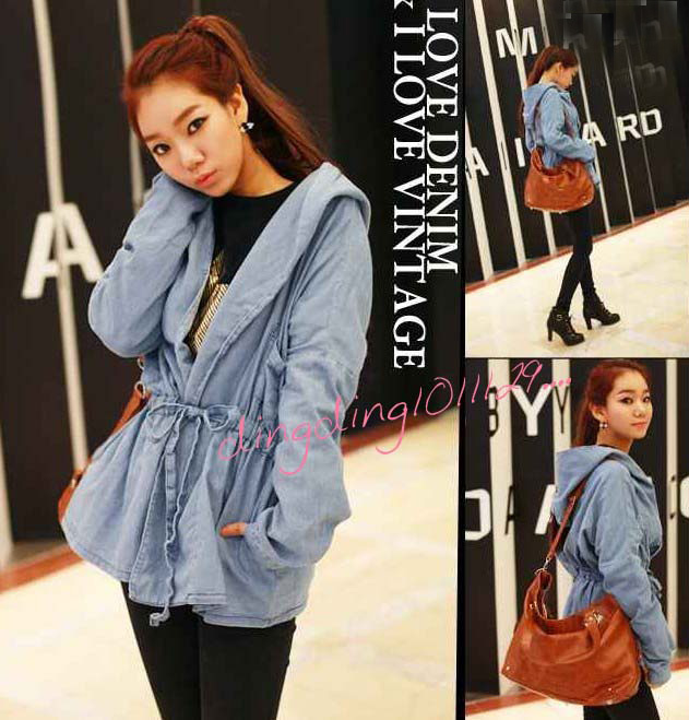 Autumn women's sz with a hood Sky Blue casual denim medium-long trench outerwear hooded light color retro finishing