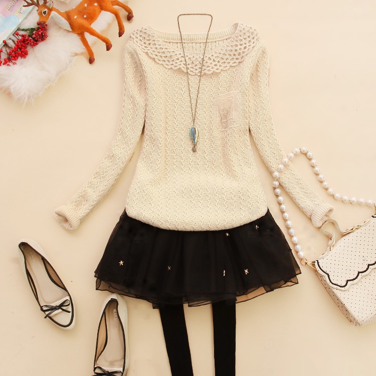 Avi-x062 women's cutout pullover sweater winter crochet o-neck basic shirt l-27