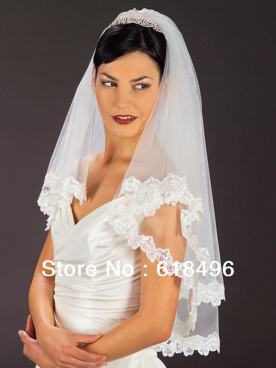 Awesome Bridal wedding accessories Stunning veil with narrow lace edge and iridescent sequins