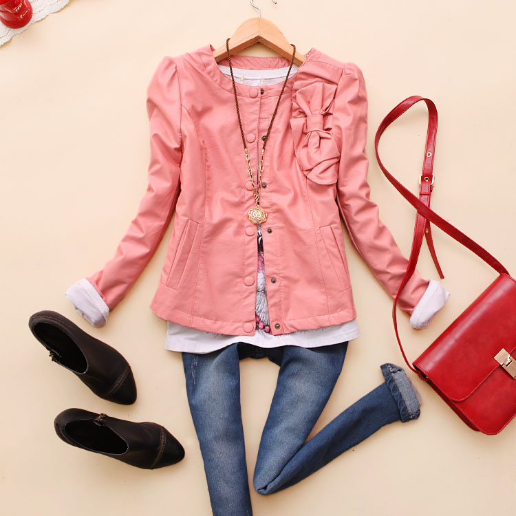 Axm-x948 2013 spring new arrival women's solid color bow slim short design leather clothing b-25