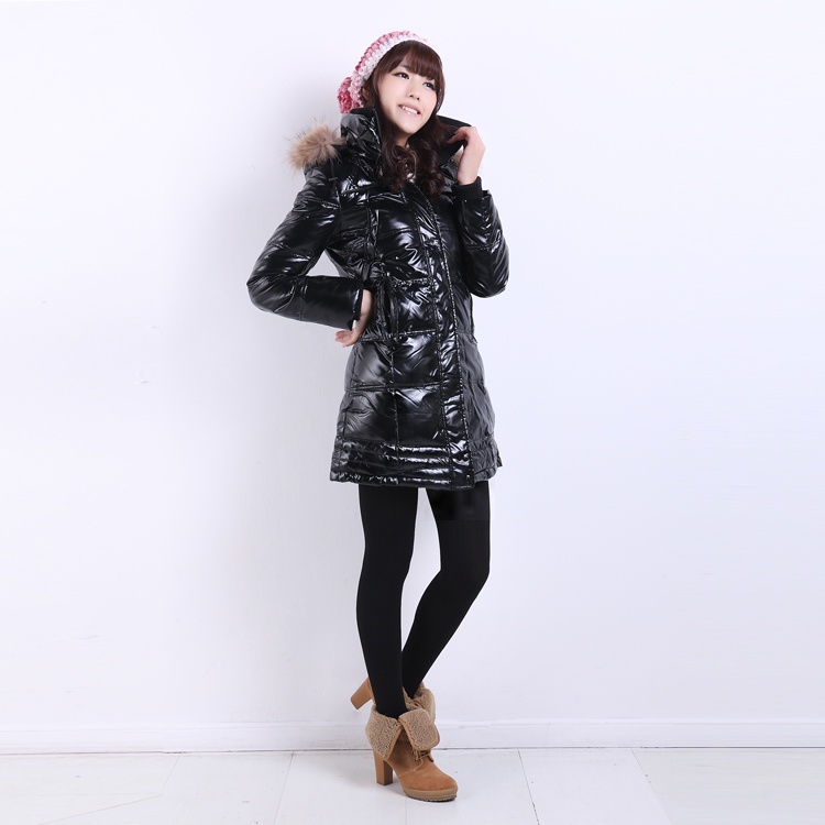 Aya casual shiny slim medium-long plus velvet liner thick down coat