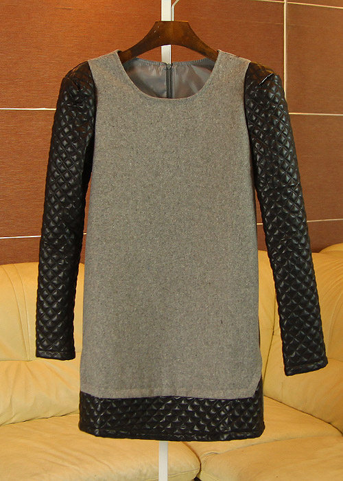 Ayomi 2012 autumn and winter ladies small plaid leather patchwork woolen one-piece dress