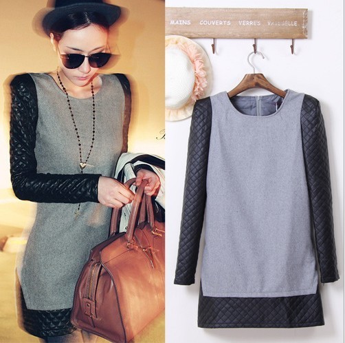 Ayomi 2013 autumn and winter ladies small plaid leather patchwork woolen one-piece dress Free shipping