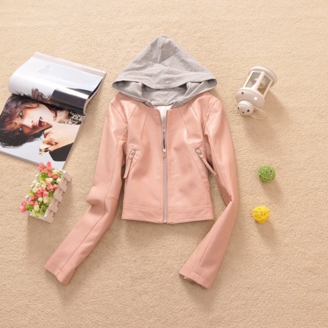 B-5 female spring and autumn clothing leather PU o-neck OL outfit detachable cap faux two piece outerwear 0.6