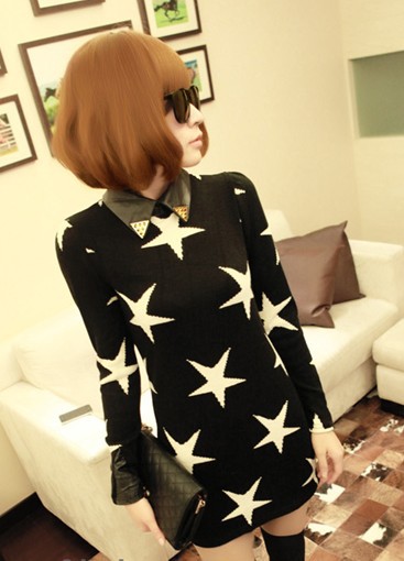 B050 lady star work street print sheath slim black PU synthetic leather lady dress