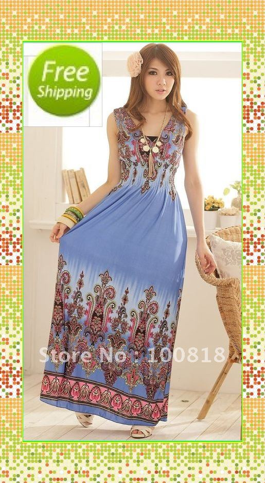 #B309 New Arrival 2012 Double V-neck Bohemian Dress Beach Dress Blue & Pink Color Free Size