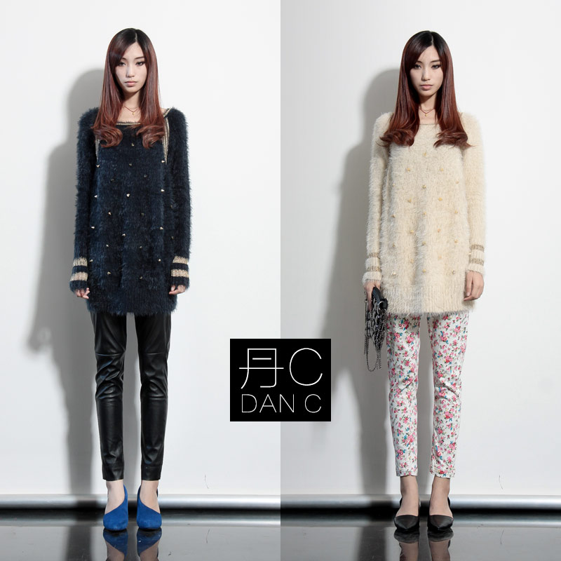 B34 women's new arrival autumn and winter vintage mohair pullover ubiquitous1 rivet loose medium-long sweater Free Shipping