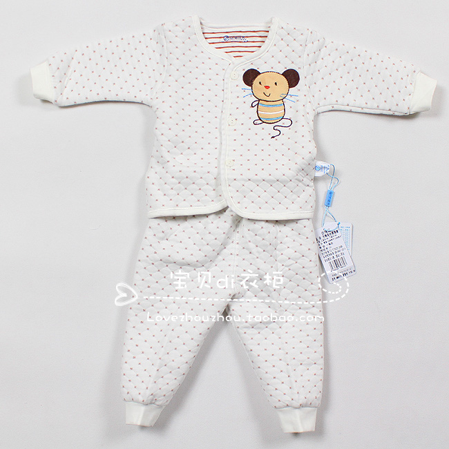 Baby 100% cotton underwear double layer folder wire thermal underwear set child sleep set baby thickening autumn and winter