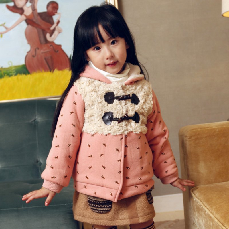 Baby children's clothing female winter 2013 solid color dot hooded horn button all-match thickening cotton-padded jacket
