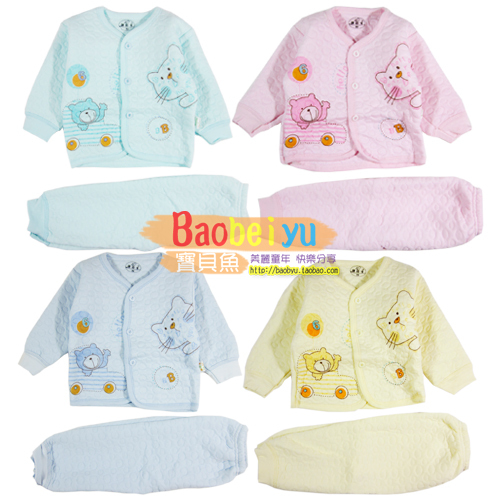 Baby fish baby child 100% cotton 100% cotton thermal underwear set thickening cartoon solid color kitten