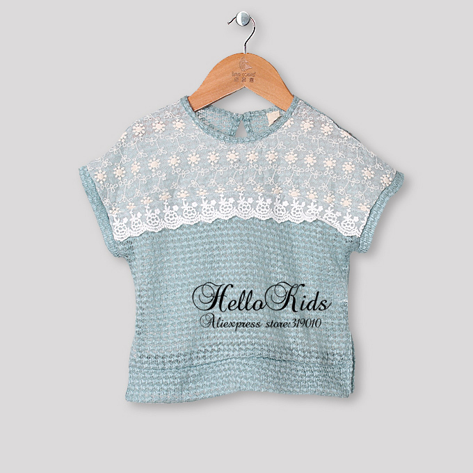 Baby Girl Summer T Shirt New Kids Shirt Light Blue Long Sleeve Lace Cotton Top Clothes Fashion Costume H130112-20