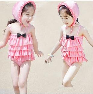 baby girl swimsuits cute pink ruffles black bow one piece with caps Swimwear  chirdren kids pool beach wear