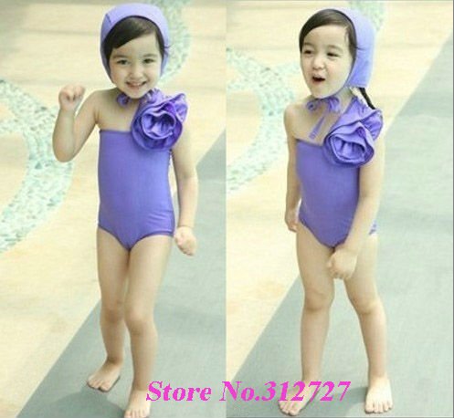 Baby gril one shoulder flower Swimwear, NEW Baby Swimming suit, lovely children beachwear with Hat, free shipping