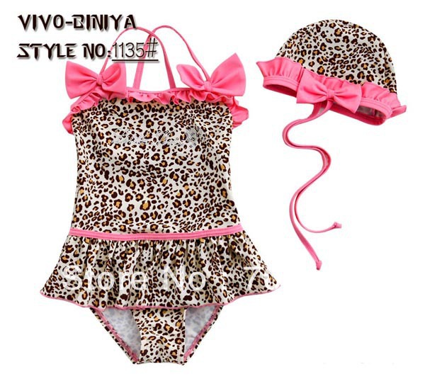 baby leopard beachwear, girl one pieces swimwear,girls bathing suit,hot spring cute swimsuit + hat set free shipping