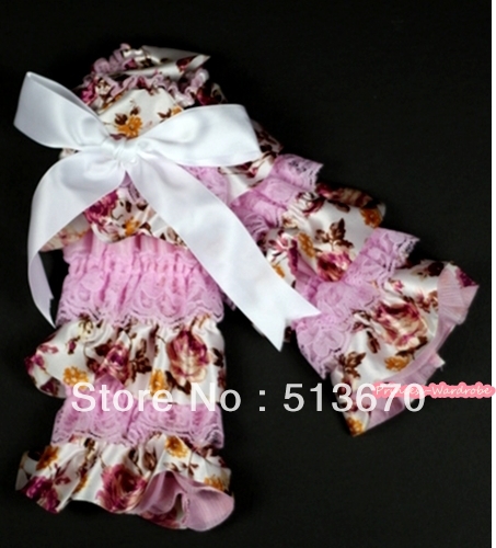 Baby Light Pink & Peony Fusion Print Lace Leg Warmers Leggings with White Ribbon MALG221