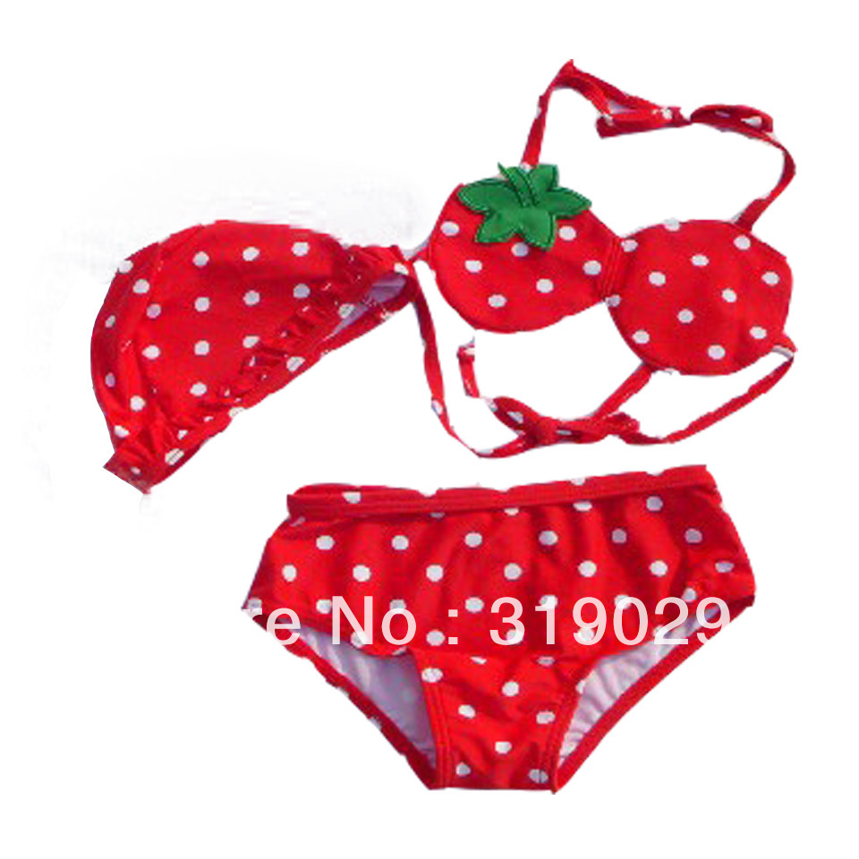 Baby Swimwear Girl Bikini 3pcs set Caps+Trunks+Bra Cartton Berries Spot Kids swimsuit Red High quality
