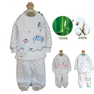 Baby thermal underwear set buckle stand collar autumn and winter thickening 100% cotton bamboo fibre male child female child