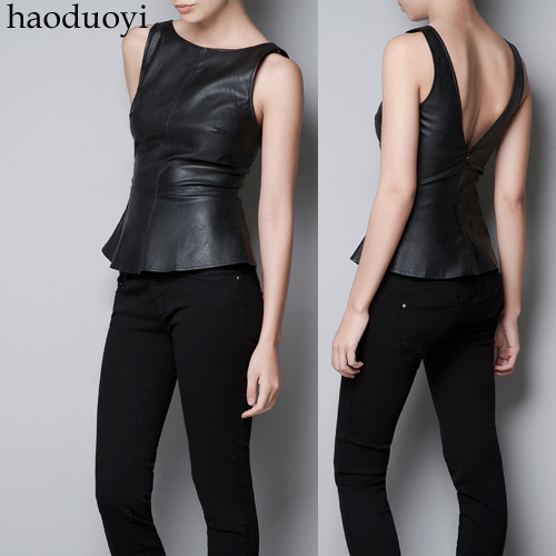 Back deep V-neck black leather PU ruffle sleeveless vest autumn and winter female decoration top