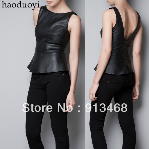 Back deep V-neck black leather PU ruffle sleeveless vest autumn and winter female decoration top