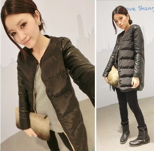 Back grey fabric patchwork black leather sleeves wadded jacket casual long design wadded jacket