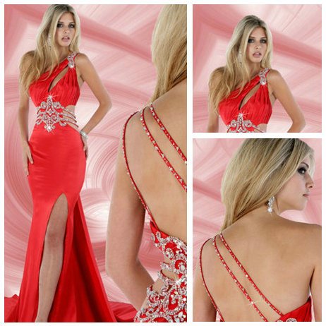 Backless One Shoulder Elastic Satin Short Train Red Evening Prom Dress 2013 Style