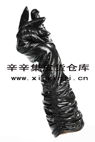 Bag genuine leather female long gloves autumn full japanned leather black thermal straight pleated