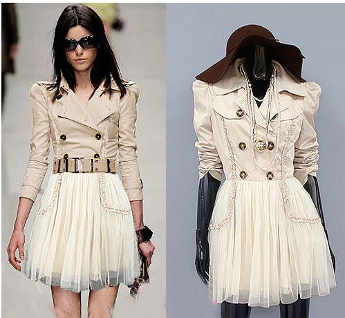 baimuer sweep lace patchwork gauze skirt puff sleeve double breasted trench outerwear#M080