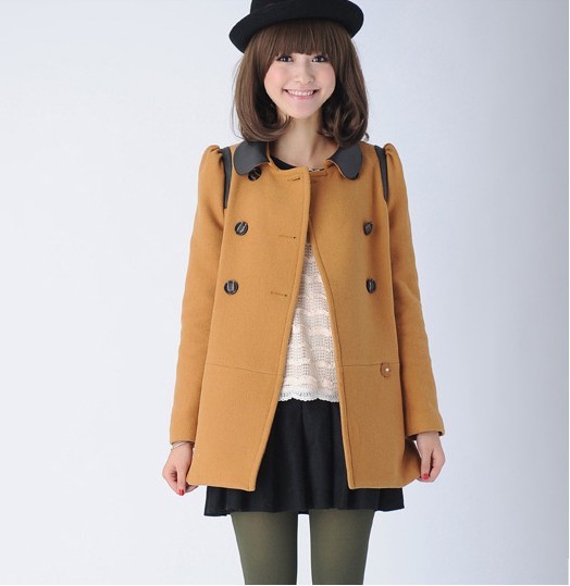 Baiters medium-long overcoat thickening outerwear female wool coat wool patchwork leather o-neck wool coat