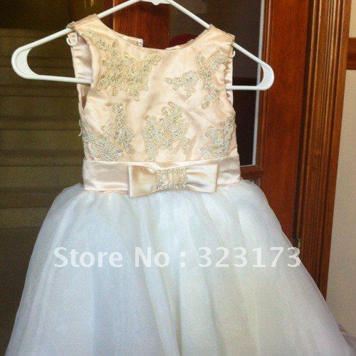 Ball Gown Champine Satin White Organza Fabric With Applique&Beading&Sequins Ankle Length Custom Made Flower Girl Dress