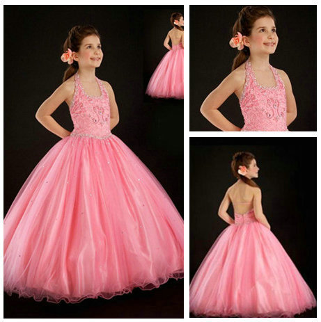 Ball Gown Halter New Arrival Backless Lovely Girl"s Party Dresses Free Shipping