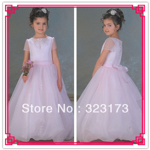 Ball Gown Scoop Organza Floor Length Pink Short Sleeve Ruffle Dress