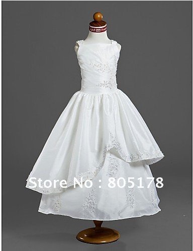 Ball Gown Square Capped Taffeta Flower Girl Dress / First Communion Dress