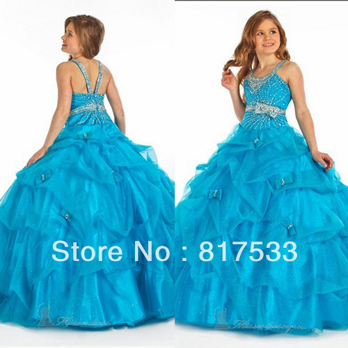 ball gowns for children kids gown dress girls cupcake pageant dresses scoop diamond bowknot floor length blue belt ruffles