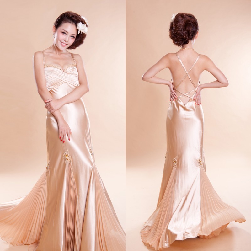 Ball quality evening dress double-shoulder spaghetti strap sexy racerback formal dress champagne color charmeuse formal dress