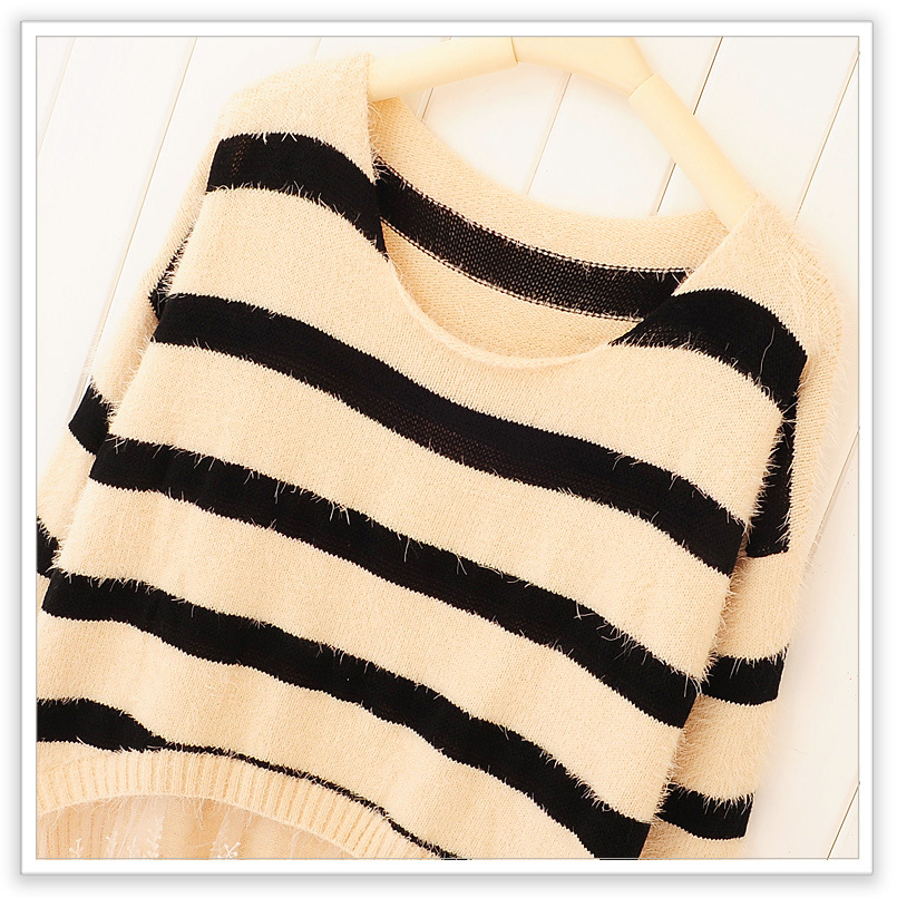 Baos shop black stripe irregular sweep lace domesticated hen batwing sleeve sweater